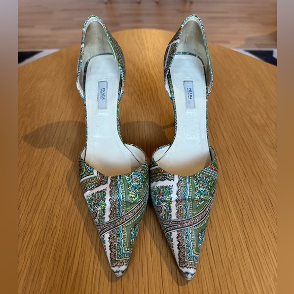 PRADA Fabric Paisley Print Pointed Toe D'Orsay Pumps Heels Size 37.5 - Picture 1 of 7